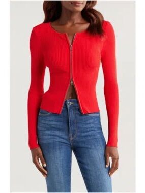 Good American “Virgo” Red Ribbed Zip-Front Long Sleeve Top
